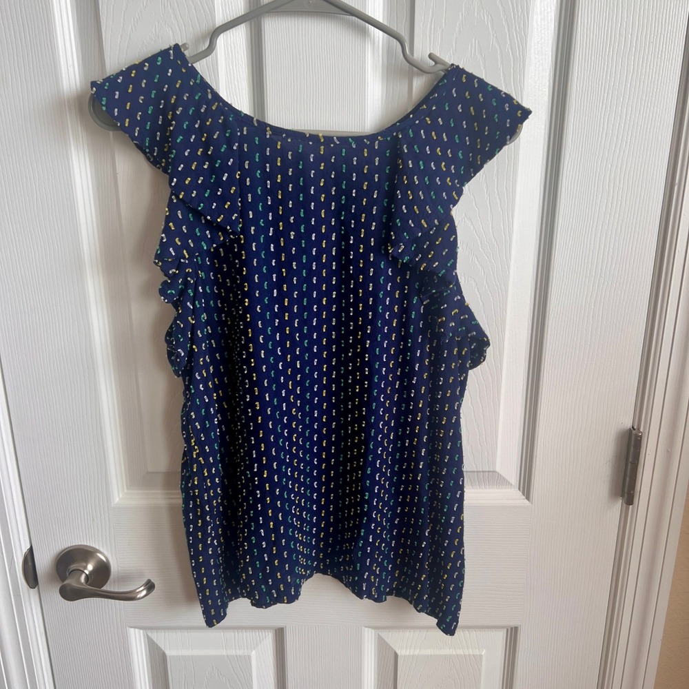 LOFT Navy Blue Ruffle Sleeve Top Colorful Confetti Print Blouse Women's M‎